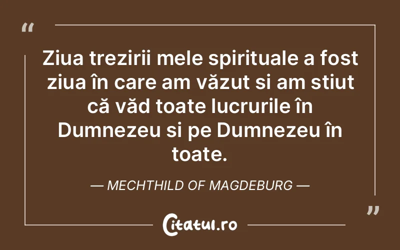 Ziua trezirii mele spirituale a fost ziua în care am văzut și am știut că văd toate lucrurile în Dumnezeu și pe Dumnezeu în toate. Mechthild of Magdeburg