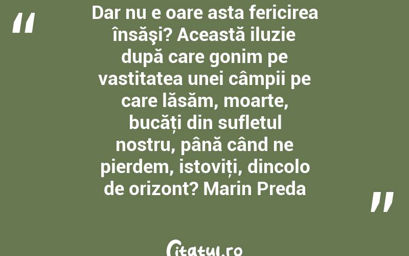 Dar nu e oare asta fericirea însăşi? Această iluzie după care gonim pe vastitatea unei câmpii pe care lăsăm, moarte, bucăţi din sufletul nostru, până când ne pierdem, istoviţi, dincolo de orizont? Marin Preda
