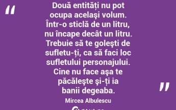 Două entităţi nu pot ocupa acelaşi volum. Într-o sticlă de un litru, nu încape decât un litru. Trebuie să te goleşti de sufletu-ţi, ca să faci loc sufletului personajului. Cine nu face aşa te păcăleşte şi-ţi ia banii degeaba. Mircea Albulescu...