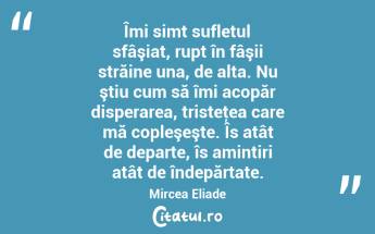 Îmi simt sufletul sfâşiat, rupt în fâşii străine una, de alta. Nu ştiu cum să îmi acopăr disperarea, tristeţea care mă copleşeşte. Îs atât de departe, îs amintiri atât de îndepărtate. Mircea Eliade...