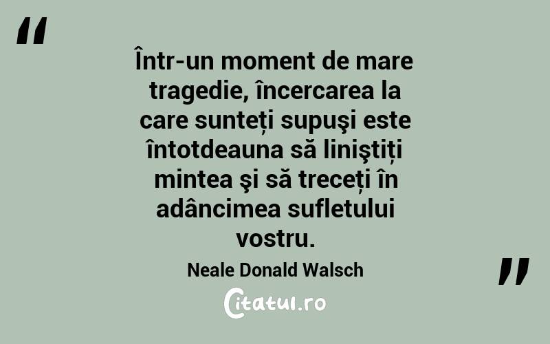 Într-un moment de mare tragedie, încercarea la care sunteţi supuşi este întotdeauna să liniştiţi mintea şi să treceţi în adâncimea sufletului vostru. Neale Donald Walsch
