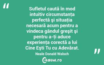Sufletul caută în mod intuitiv circumstanţa perfectă şi situaţia necesară acum pentru a vindeca gândul greşit şi pentru a-ţi aduce experienţa corectă a lui Cine Eşti Tu cu Adevărat. Neale Donald Walsch...