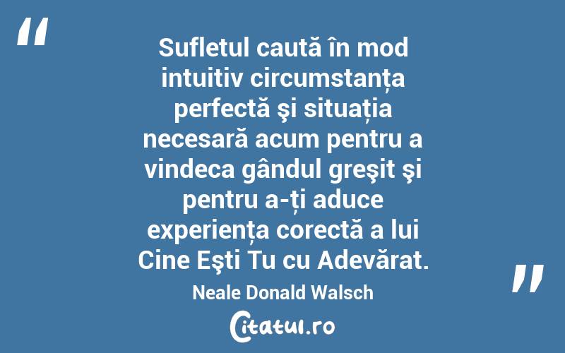 Sufletul caută în mod intuitiv circumstanţa perfectă şi situaţia necesară acum pentru a vindeca gândul greşit şi pentru a-ţi aduce experienţa corectă a lui Cine Eşti Tu cu Adevărat. Neale Donald Walsch
