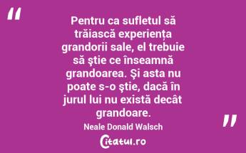   Pentru ca sufletul să trăiască experienţa grandorii sale, el trebuie să ştie ce înseamnă grandoarea. Şi asta nu poate s-o ştie, dacă în jurul lui nu există decât grandoare. Neale Donald Walsch...