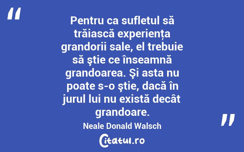   Pentru ca sufletul să trăiască experienţa grandorii sale, el trebuie să ştie ce înseamnă grandoarea. Şi asta nu poate s-o ştie, dacă în jurul lui nu există decât grandoare. Neale Donald Walsch
