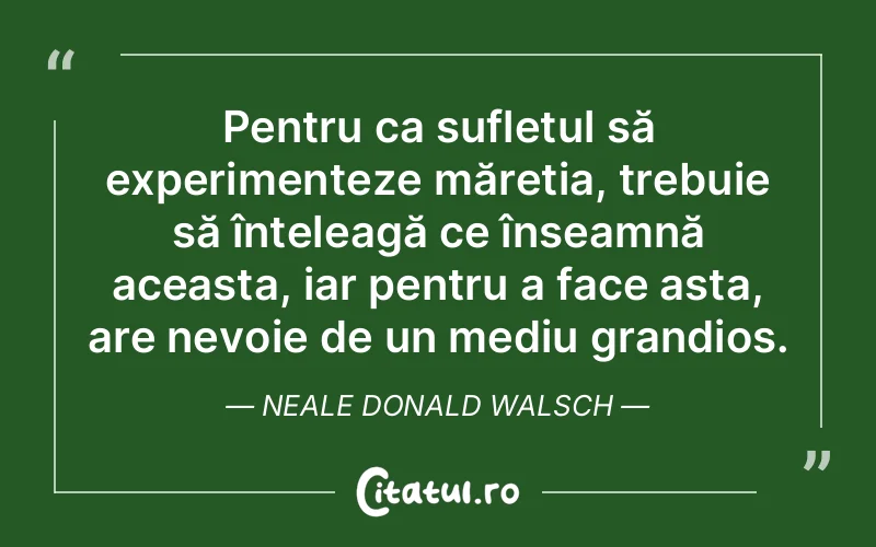 Pentru ca sufletul să experimenteze măreția, trebuie să înțeleagă ce înseamnă aceasta, iar pentru a face asta, are nevoie de un mediu grandios. Neale Donald Walsch