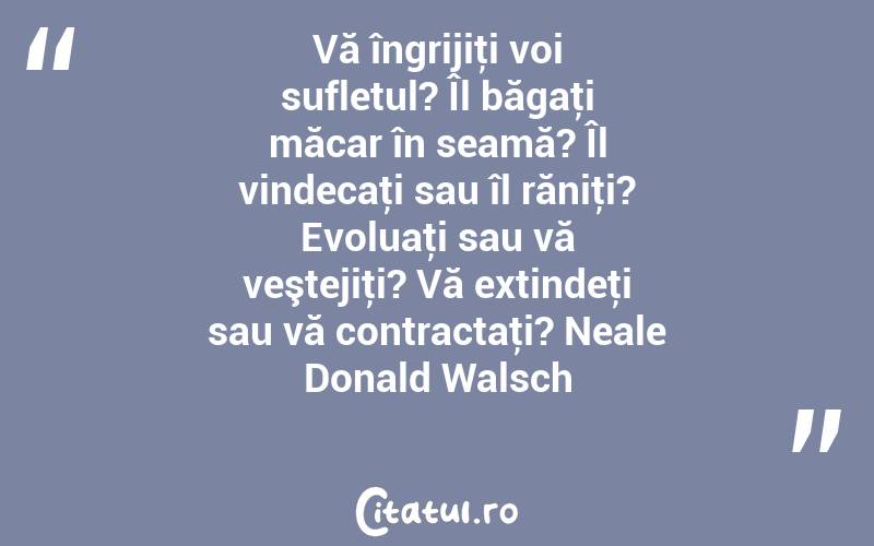 Vă îngrijiţi voi sufletul? Îl băgaţi măcar în seamă? Îl vindecaţi sau îl răniţi? Evoluaţi sau vă veştejiţi? Vă extindeţi sau vă contractaţi? Neale Donald Walsch
