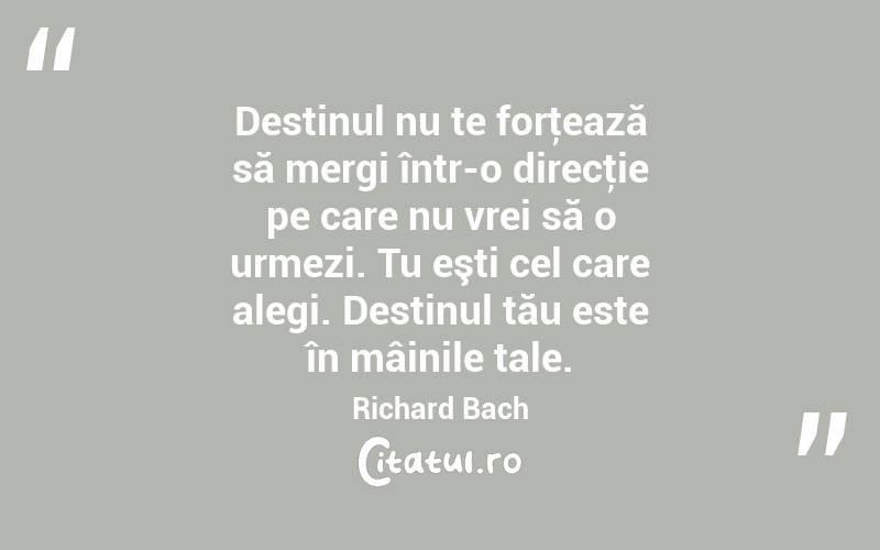  Destinul nu te forţează să mergi într-o direcţie pe care nu vrei să o urmezi. Tu eşti cel care alegi. Destinul tău este în mâinile tale. Richard Bach
