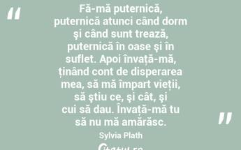 Fă-mă puternică, puternică atunci când dorm şi când sunt trează, puternică în oase şi în suflet. Apoi învaţă-mă, ţinând cont de disperarea mea, să mă împart vieţii, să ştiu ce, şi cât, şi cui să dau. Învaţă-mă tu să nu mă amărăsc. Sylvia Plath...