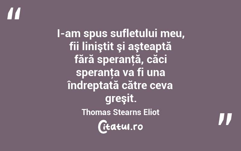 I-am spus sufletului meu, fii liniştit şi aşteaptă fără speranţă, căci speranţa va fi una îndreptată către ceva greşit. Thomas Stearns Eliot

