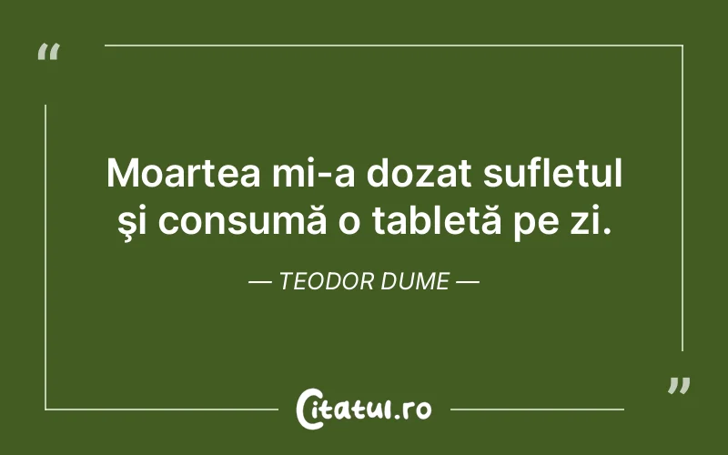Moartea mi-a dozat sufletul şi consumă o tabletă pe zi. Teodor Dume