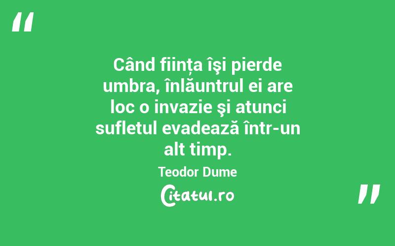 Când fiinţa îşi pierde umbra, înlăuntrul ei are loc o invazie şi atunci sufletul evadează într-un alt timp. Teodor Dume
