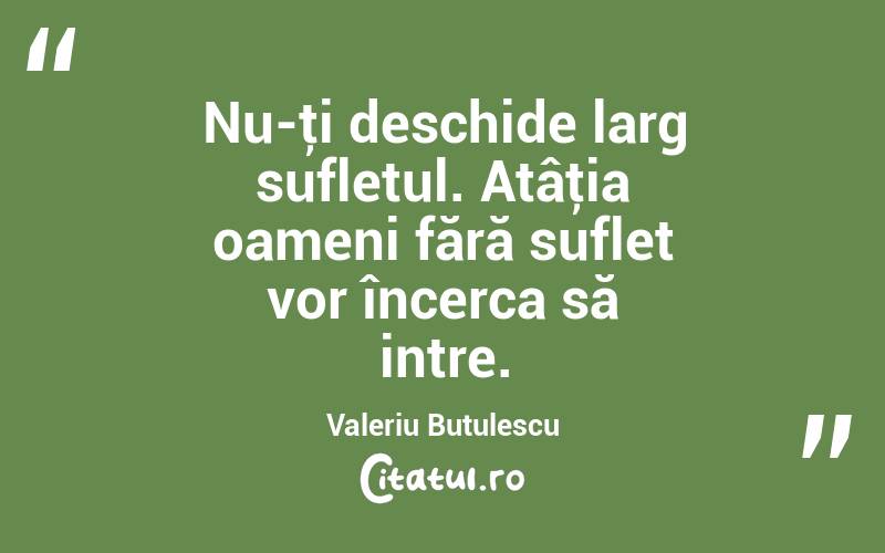 Nu-ţi deschide larg sufletul. Atâţia oameni fără suflet vor încerca să intre. Valeriu Butulescu
