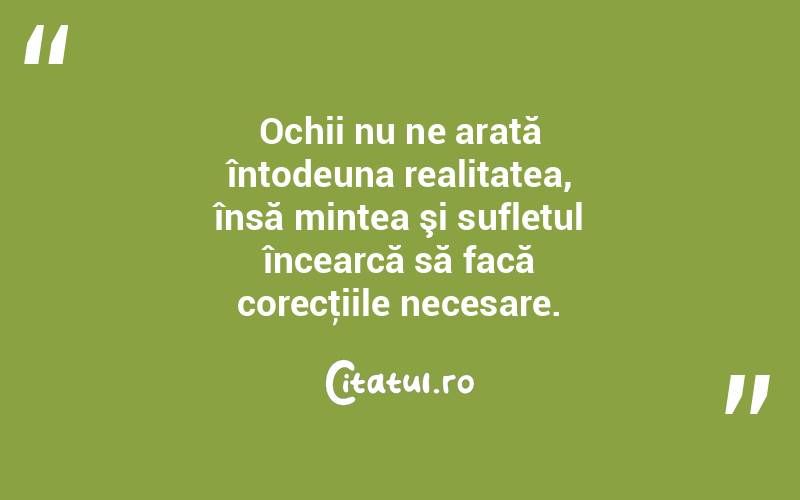 Ochii nu ne arată întodeuna realitatea, însă mintea şi sufletul încearcă să facă corecţiile necesare. 
