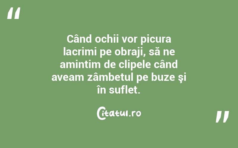Când ochii vor picura lacrimi pe obraji, să ne amintim de clipele când aveam zâmbetul pe buze şi în suflet. 
