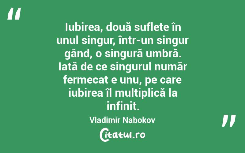  Iubirea, două suflete în unul singur, într-un singur gând, o singură umbră. Iată de ce singurul număr fermecat e unu, pe care iubirea îl multiplică la infinit. Vladimir Nabokov
