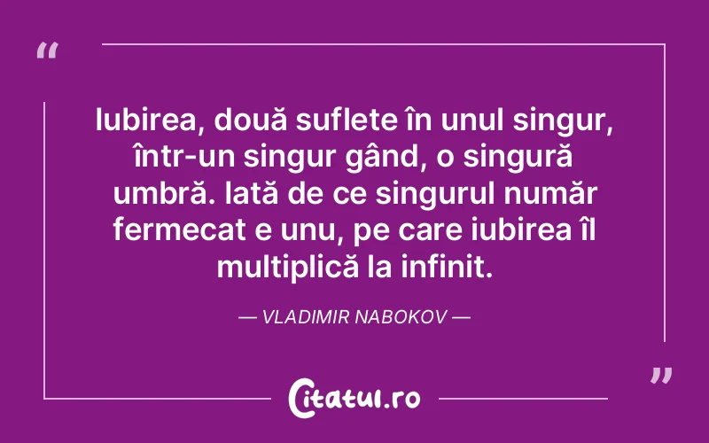 Iubirea, două suflete în unul singur, într-un singur gând, o singură umbră. Iată de ce singurul număr fermecat e unu, pe care iubirea îl multiplică la infinit. Vladimir Nabokov