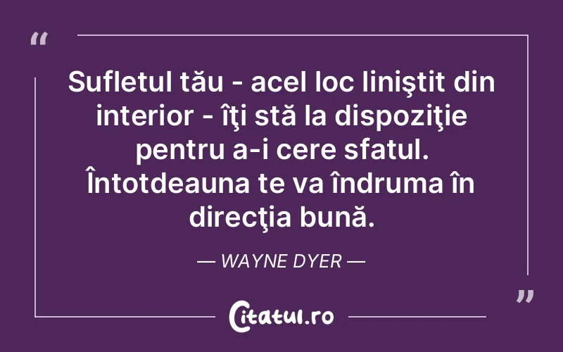 Sufletul tău - acel loc liniştit din interior - îţi stă la dispoziţie pentru a-i cere sfatul. Întotdeauna te va îndruma în direcţia bună. Wayne Dyer