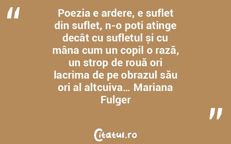 Poezia e ardere, e suflet din suflet, n-o poți atinge decât cu sufletul și cu mâna cum un copil o rază, un strop de rouă ori lacrima de pe obrazul său ori al altcuiva… Mariana Fulger
