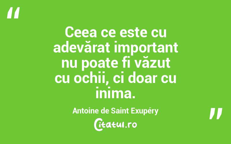 Ceea ce este cu adevărat important nu poate fi văzut cu ochii, ci doar cu inima. Antoine de Saint Exupéry
