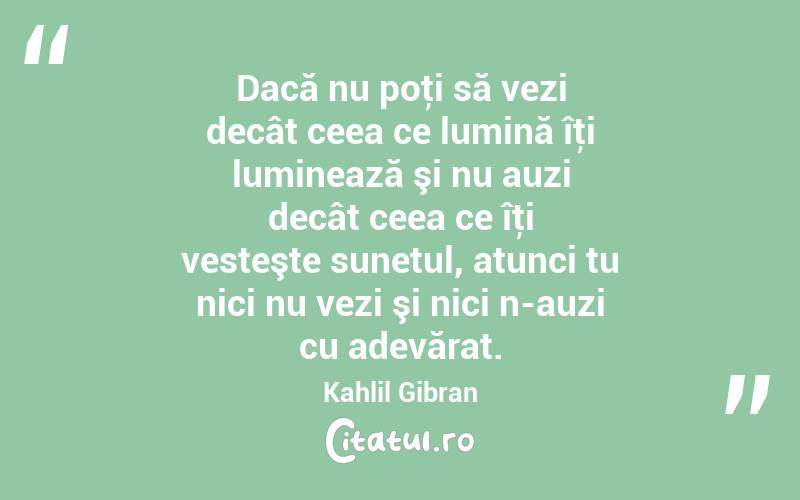 Dacă nu poţi să vezi decât ceea ce lumină îţi luminează şi nu auzi decât ceea ce îţi vesteşte sunetul, atunci tu nici nu vezi şi nici n-auzi cu adevărat. Kahlil Gibran
