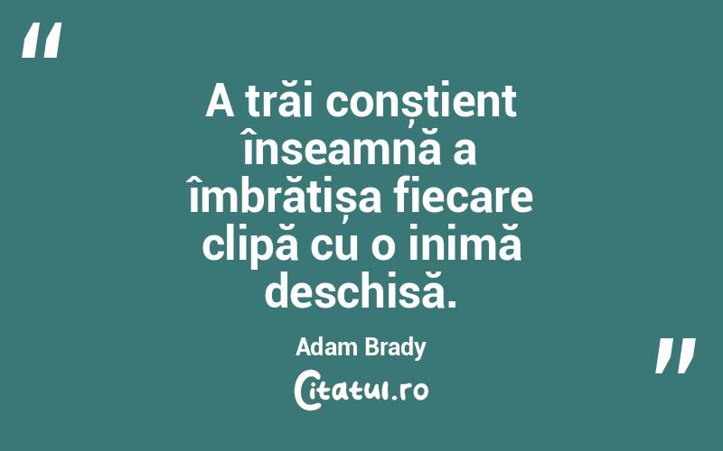 A trăi conștient înseamnă a îmbrățișa fiecare clipă cu o inimă deschisă. Adam Brady

