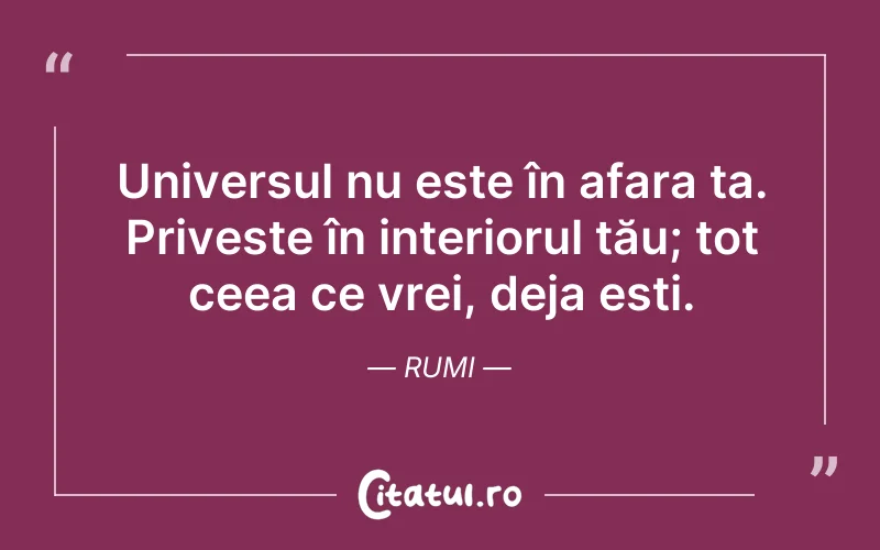 Universul nu este în afara ta. Priveste în interiorul tău; tot ceea ce vrei, deja esti. Rumi