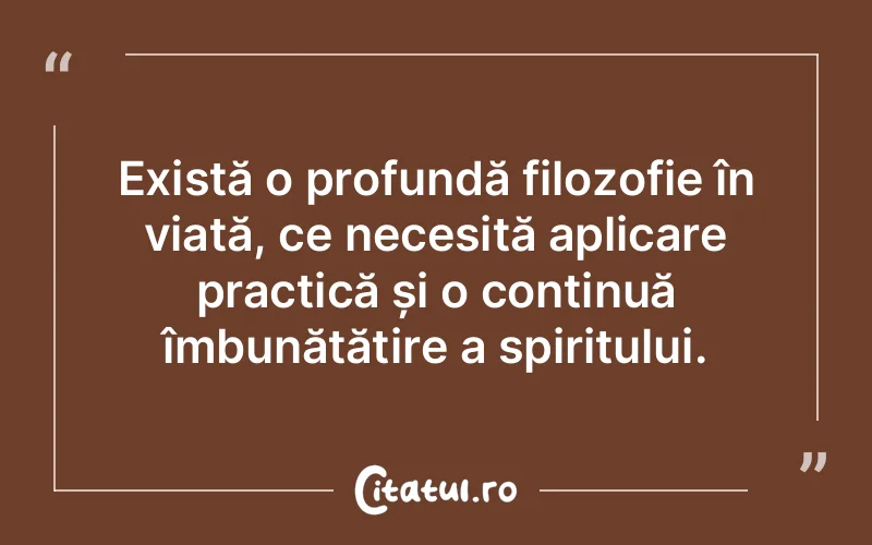 Există o profundă filozofie în viață, ce necesită aplicare practică și o continuă îmbunătățire a spiritului.