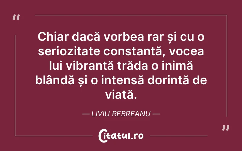 Chiar dacă vorbea rar și cu o seriozitate constantă, vocea lui vibrantă trăda o inimă blândă și o intensă dorință de viață. Liviu Rebreanu