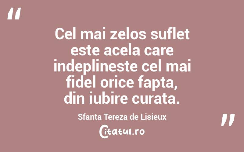 Cel mai zelos suflet este acela care indeplineste cel mai fidel orice fapta, din iubire curata. Sfanta Tereza de Lisieux
