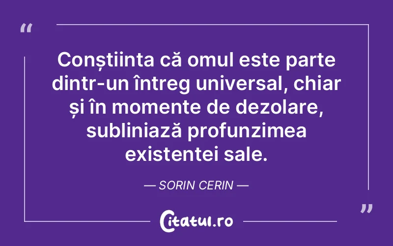 Conștiința că omul este parte dintr-un întreg universal, chiar și în momente de dezolare, subliniază profunzimea existenței sale. Sorin Cerin