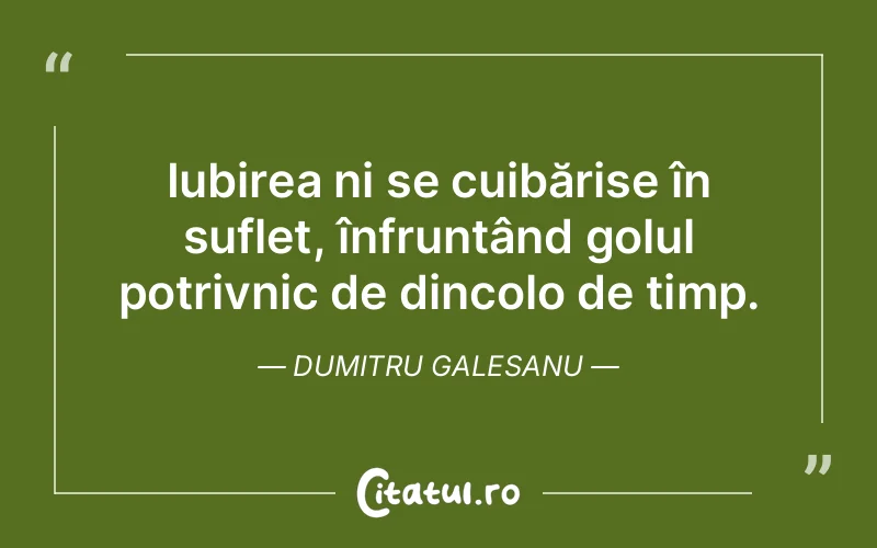 Iubirea ni se cuibărise în suflet, înfruntând golul potrivnic de dincolo de timp. Dumitru Galesanu