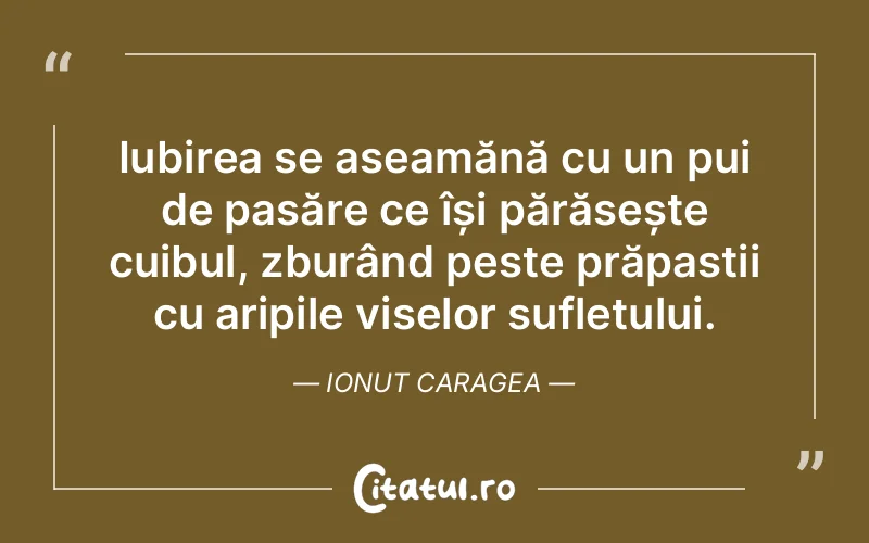 Iubirea se aseamănă cu un pui de pasăre ce își părăsește cuibul, zburând peste prăpastii cu aripile viselor sufletului. Ionut Caragea