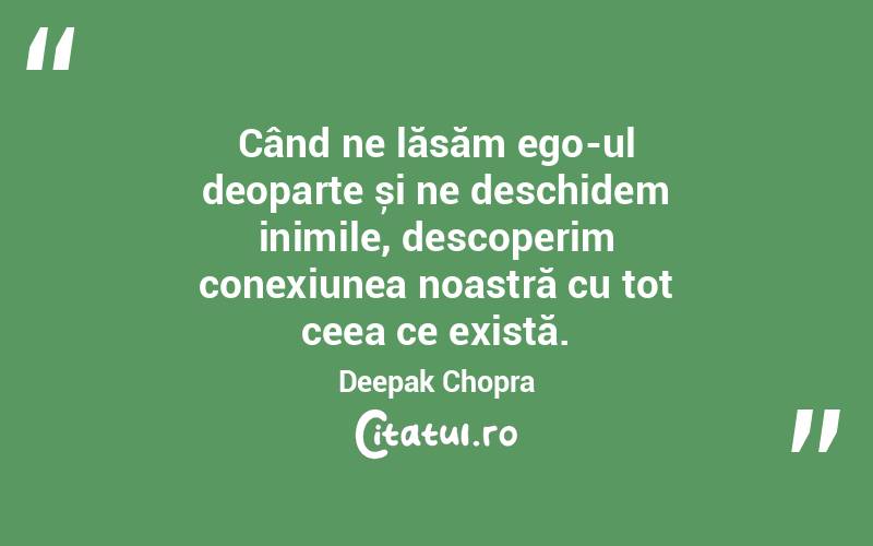 Când ne lăsăm ego-ul deoparte și ne deschidem inimile, descoperim conexiunea noastră cu tot ceea ce există. Deepak Chopra

