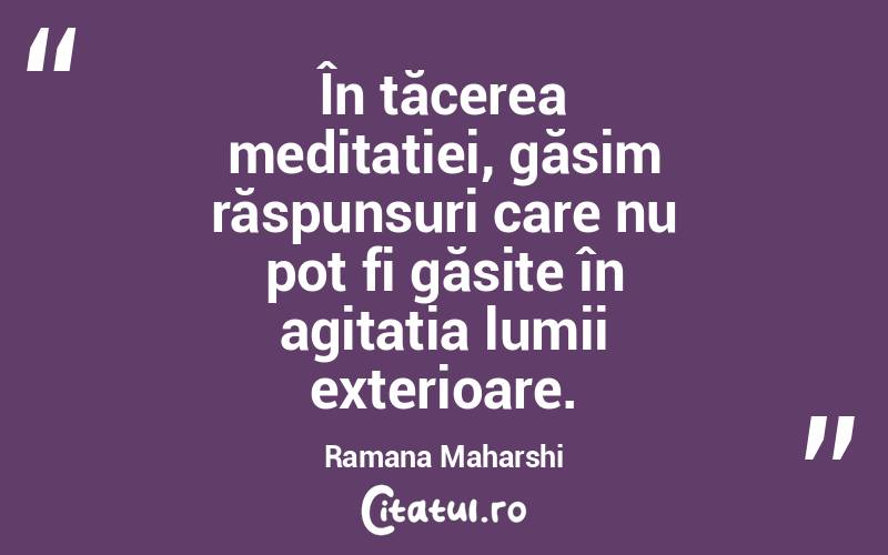 În tăcerea meditației, găsim răspunsuri care nu pot fi găsite în agitația lumii exterioare. Ramana Maharshi
