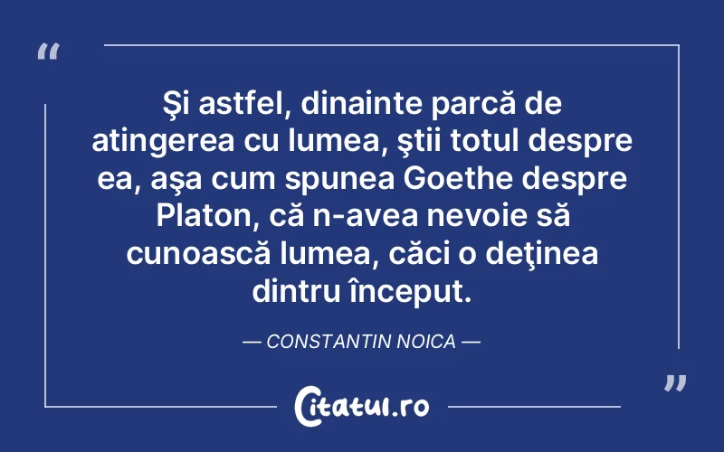 Şi astfel, dinainte parcă de atingerea cu lumea, ştii totul despre ea, aşa cum spunea Goethe despre Platon, că n-avea nevoie să cunoască lumea, căci o deţinea dintru început. Constantin Noica