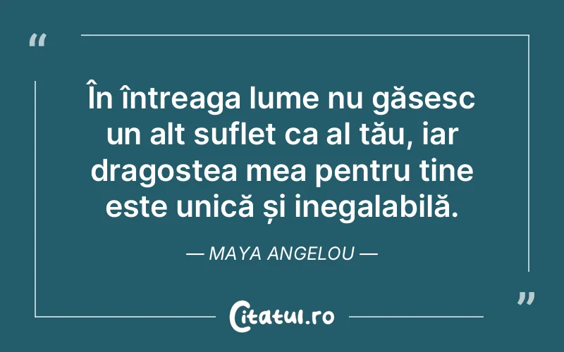 În întreaga lume nu găsesc un alt suflet ca al tău, iar dragostea mea pentru tine este unică și inegalabilă. Maya Angelou