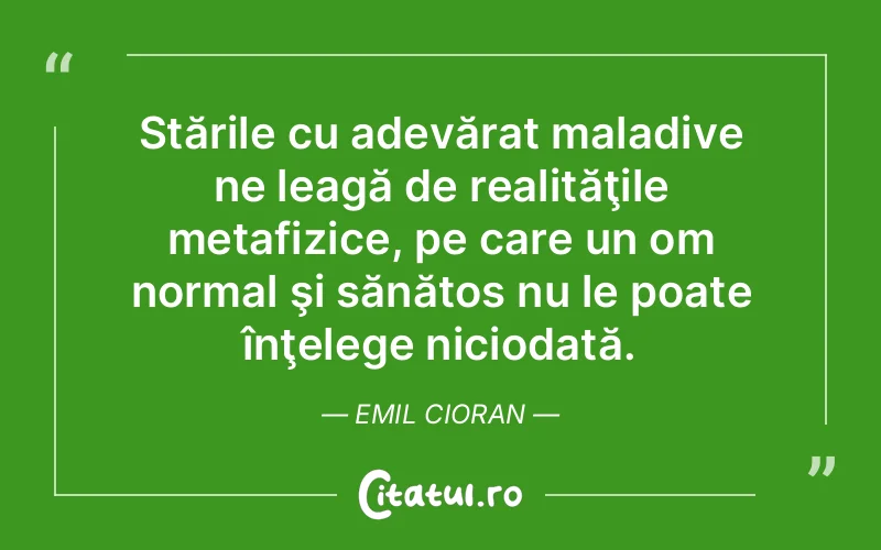 Stările cu adevărat maladive ne leagă de realităţile metafizice, pe care un om normal şi sănătos nu le poate înţelege niciodată. Emil Cioran