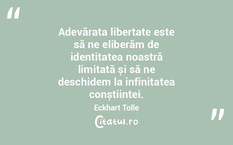 Adevărata libertate este să ne eliberăm de identitatea noastră limitată și să ne deschidem la infinitatea conștiinței. Eckhart Tolle
