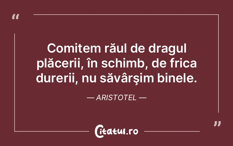 Comitem răul de dragul plăcerii, în schimb, de frica durerii, nu săvârşim binele. Aristotel