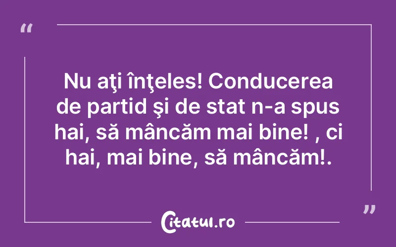 Nu aţi înţeles! Conducerea de partid şi de stat n-a spus hai, să mâncăm mai bine! , ci hai, mai bine, să mâncăm!.