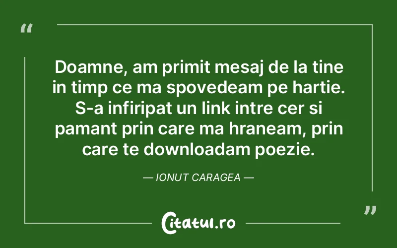 Doamne, am primit mesaj de la tine in timp ce ma spovedeam pe hartie. S-a infiripat un link intre cer si pamant prin care ma hraneam, prin care te downloadam poezie. Ionut Caragea