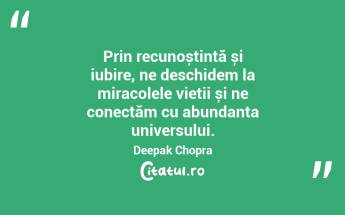 Prin recunoștință și iubire, ne deschidem la miracolele vieții și ne conectăm cu abundanța universului. Deepak Chopra...