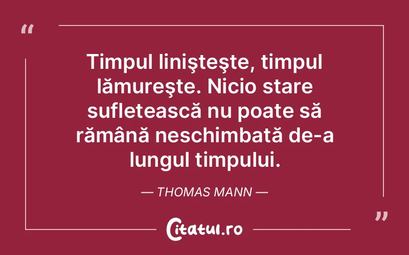 Timpul linişteşte, timpul lămureşte. Nicio stare sufletească nu poate să rămână neschimbată de-a lungul timpului. Thomas Mann