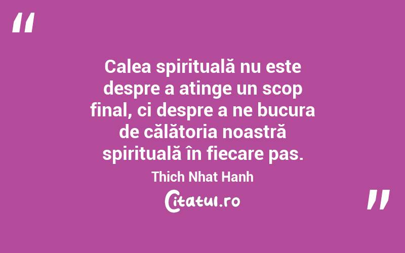 Calea spirituală nu este despre a atinge un scop final, ci despre a ne bucura de călătoria noastră spirituală în fiecare pas. Thich Nhat Hanh

