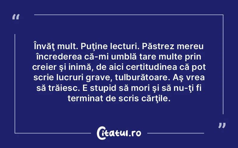 Învăţ mult. Puţine lecturi. Păstrez mereu încrederea că-mi umblă tare multe prin creier şi inimă, de aici certitudinea că pot scrie lucruri grave, tulburătoare. Aş vrea să trăiesc. E stupid să mori şi să nu-ţi fi terminat de scris cărţile.