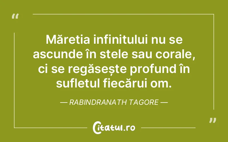 Măreția infinitului nu se ascunde în stele sau corale, ci se regăsește profund în sufletul fiecărui om. Rabindranath Tagore