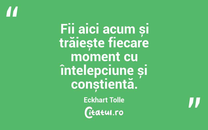 Fii aici acum și trăiește fiecare moment cu înțelepciune și conștiență. Eckhart Tolle
