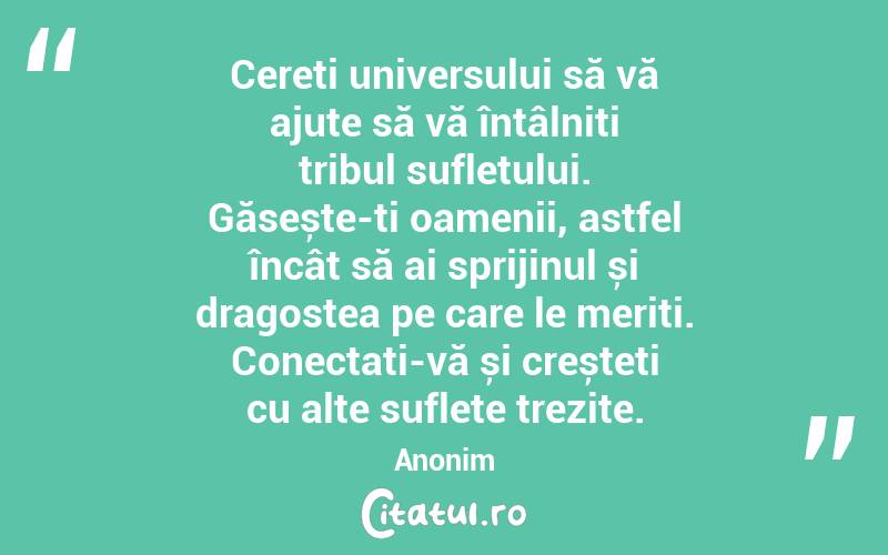  Cereți universului să vă ajute să vă întâlniți tribul sufletului. Găsește-ți oamenii, astfel încât să ai sprijinul și dragostea pe care le meriți. Conectați-vă și creșteți cu alte suflete trezite. Anonim

