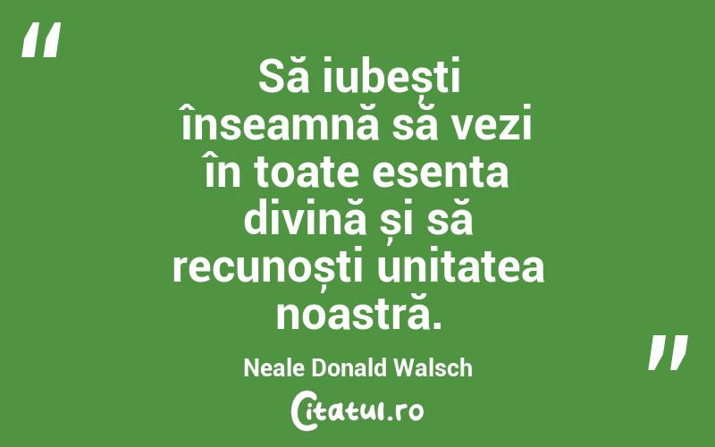 Să iubești înseamnă să vezi în toate esența divină și să recunoști unitatea noastră.Neale Donald Walsch
